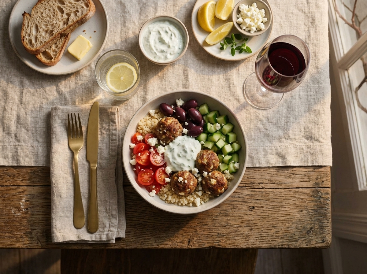 Two hands holding a lamb meatball bowl at a linen-covered table with lemon wedges and a glass of water nearby.