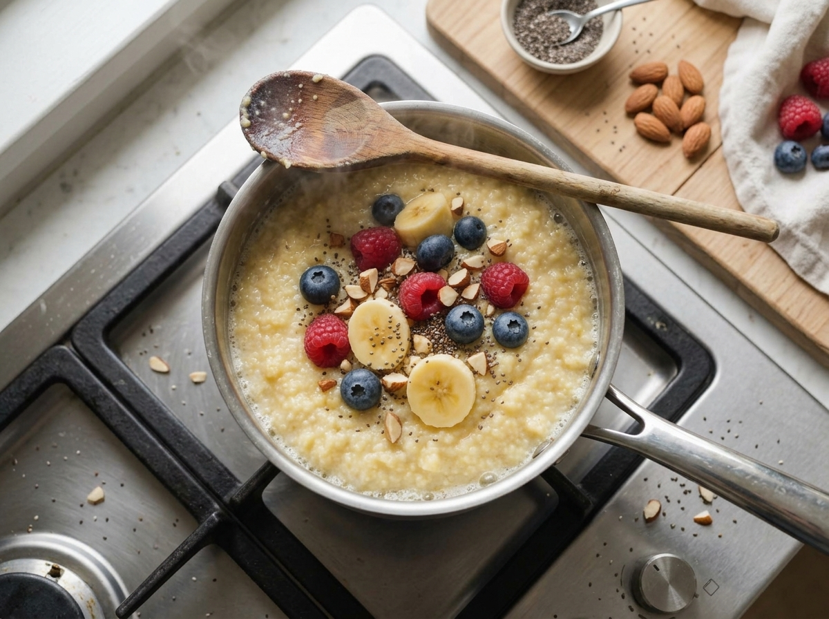 Millet simmering in a saucepan with oat milk and cinnamon, thick bubbles forming as the grains thicken and soften