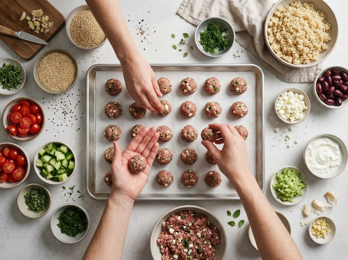 Ground lamb and feta meatball mixture being rolled by hand over a parchment-lined sheet pan before baking.