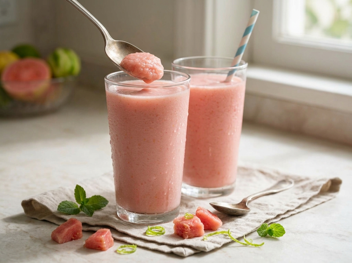Two glasses of guava lime smoothie on a linen napkin with fresh guavas and limes scattered across a marble counter.