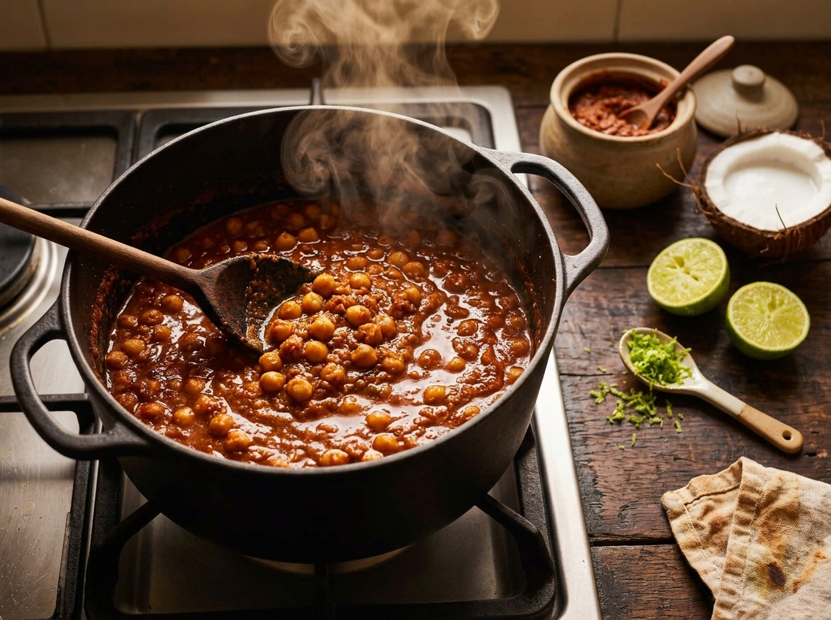 Close-up of rendang paste simmering in a Dutch oven, dark red-brown sauce bubbling around toasted coconut and chickpeas.