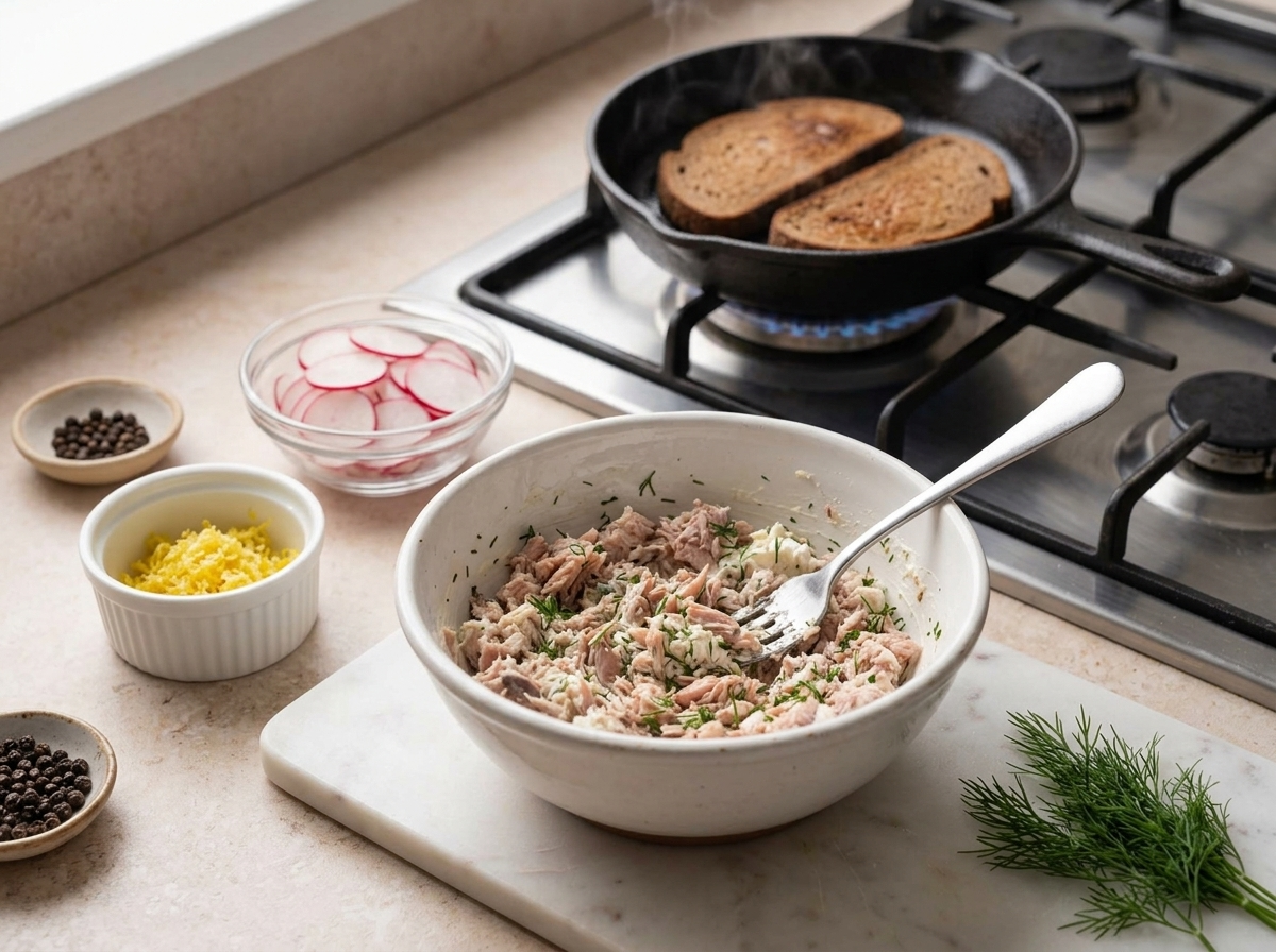 Fork mashing flaked smoked mackerel with cream cheese and chopped dill in a white ceramic mixing bowl