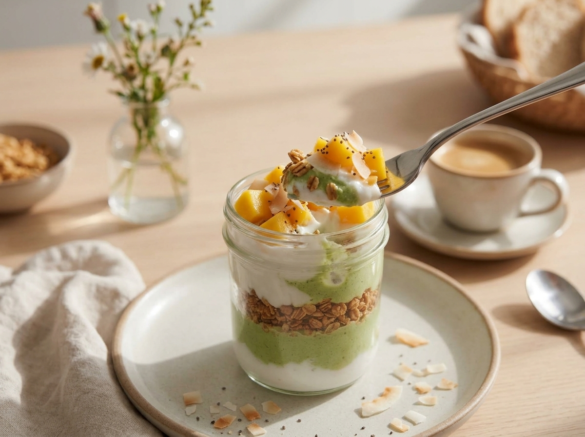 A woman spoons into a matcha coconut yogurt cup at a breakfast table with coffee and a linen napkin nearby.