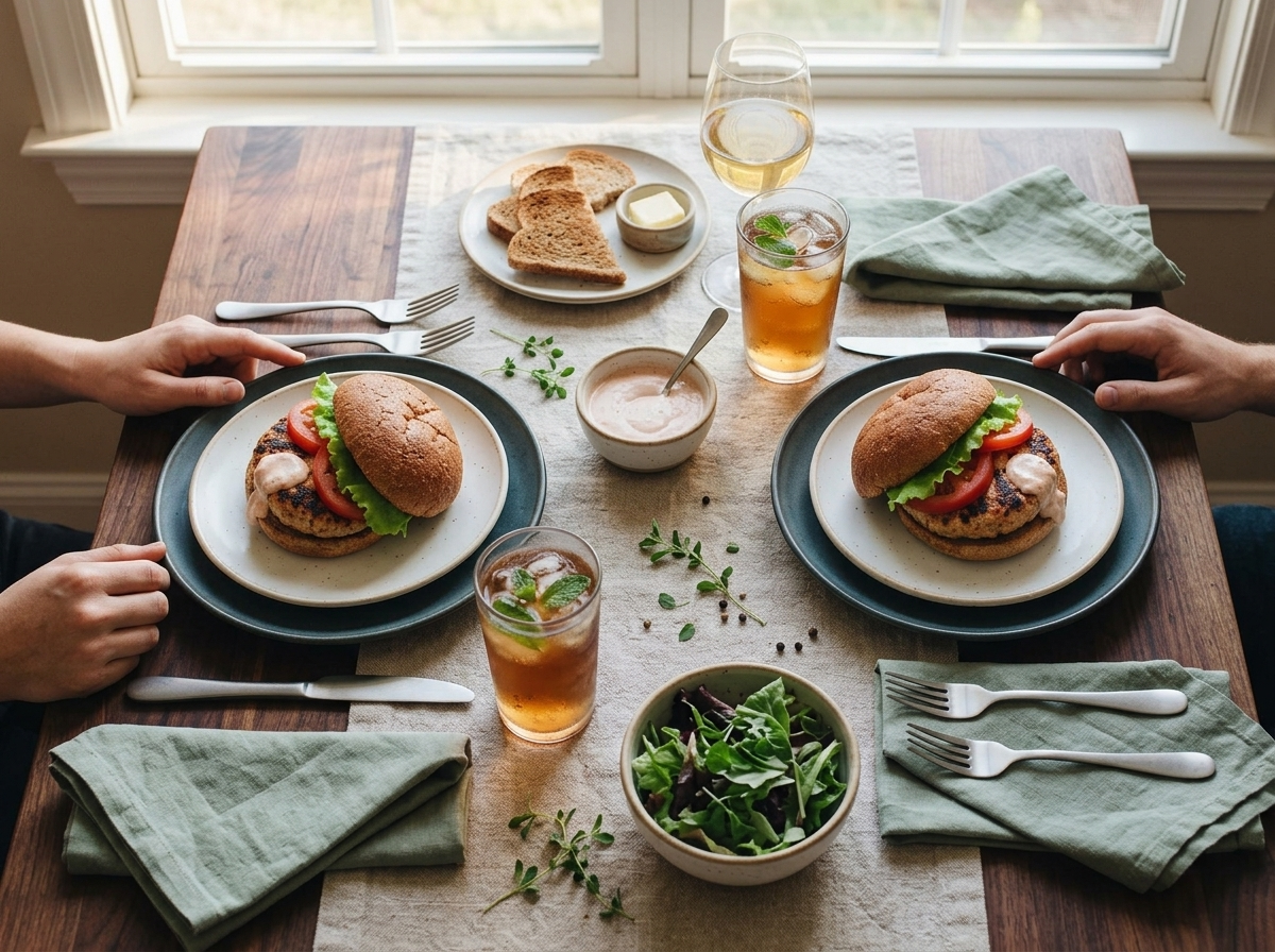 Two plated turkey burgers on a linen tablecloth with a bowl of yogurt sauce and a glass of iced tea nearby