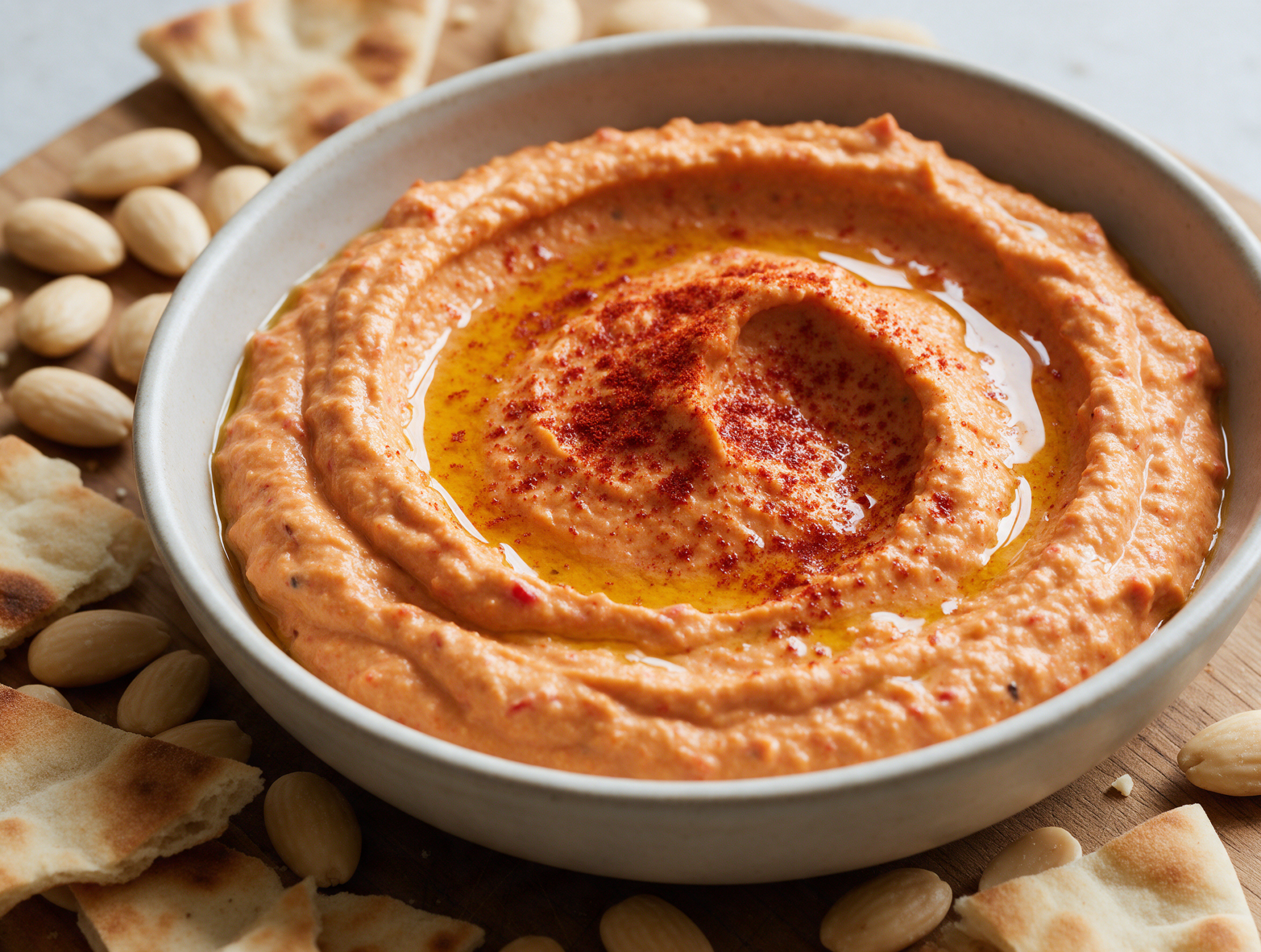 Overhead shot of red pepper almond dip swirled with olive oil and smoked paprika, pita triangles arranged alongside.
