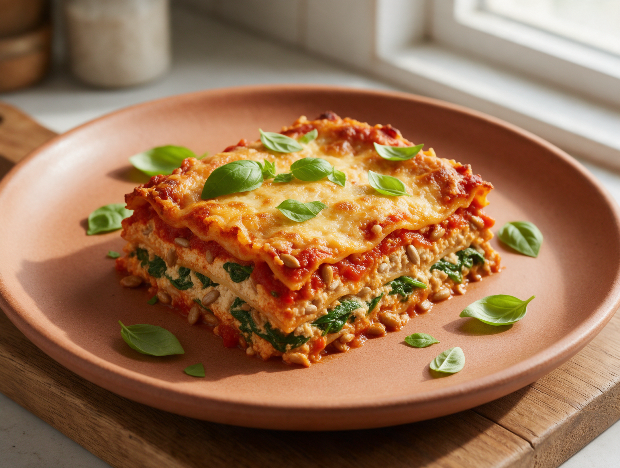 Baked Vegan Sunflower Ricotta Lasagna with Spinach