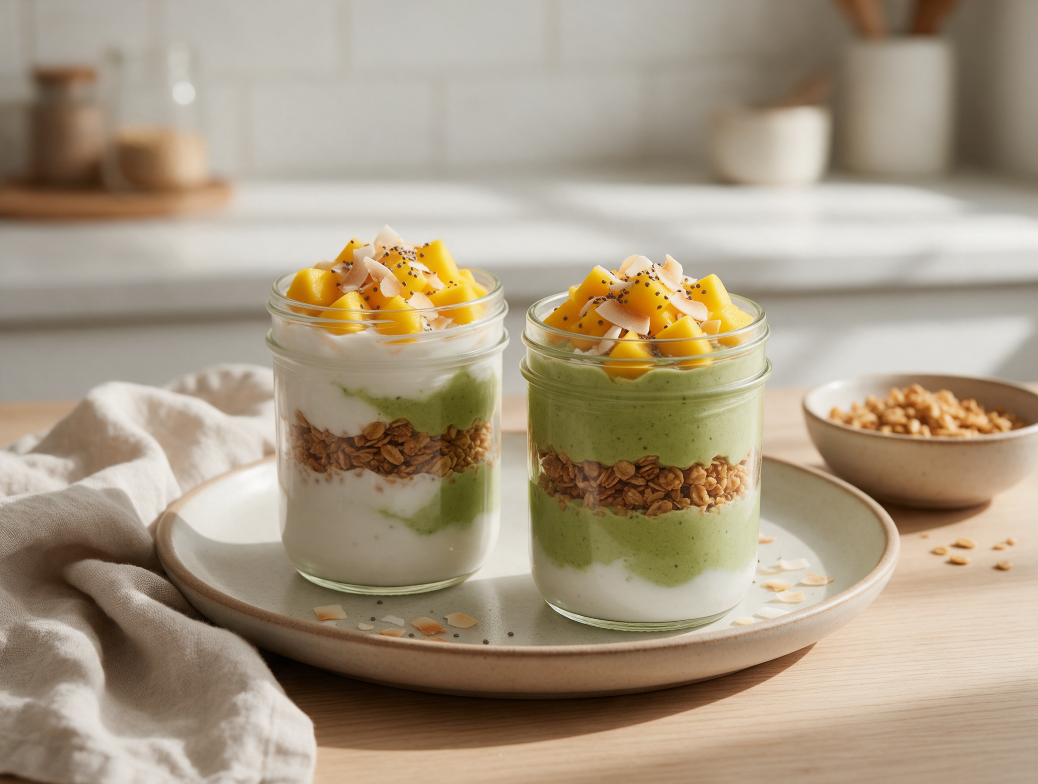 Layered Matcha Coconut Yogurt Cups with Toasted Coconut