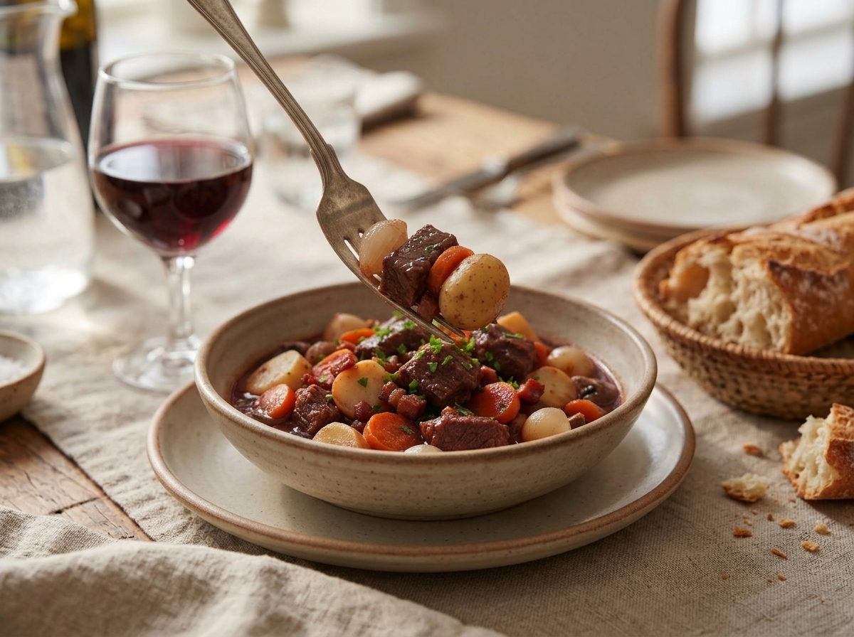 Bowl of beef bourguignon served alongside crusty bread and a glass of red wine on a linen-draped table
