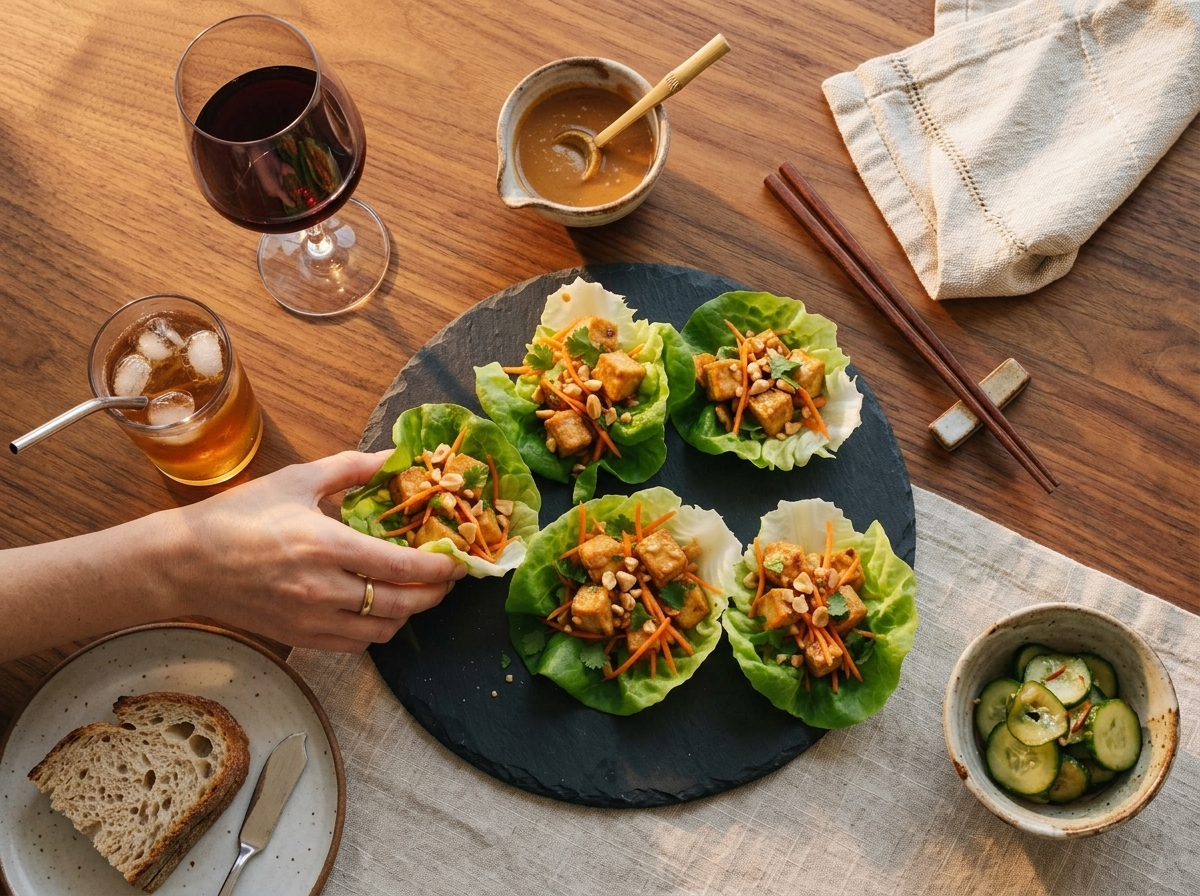 Hands lifting a filled lettuce cup from a wooden table set with chopsticks, iced tea, and a bowl of peanut sauce