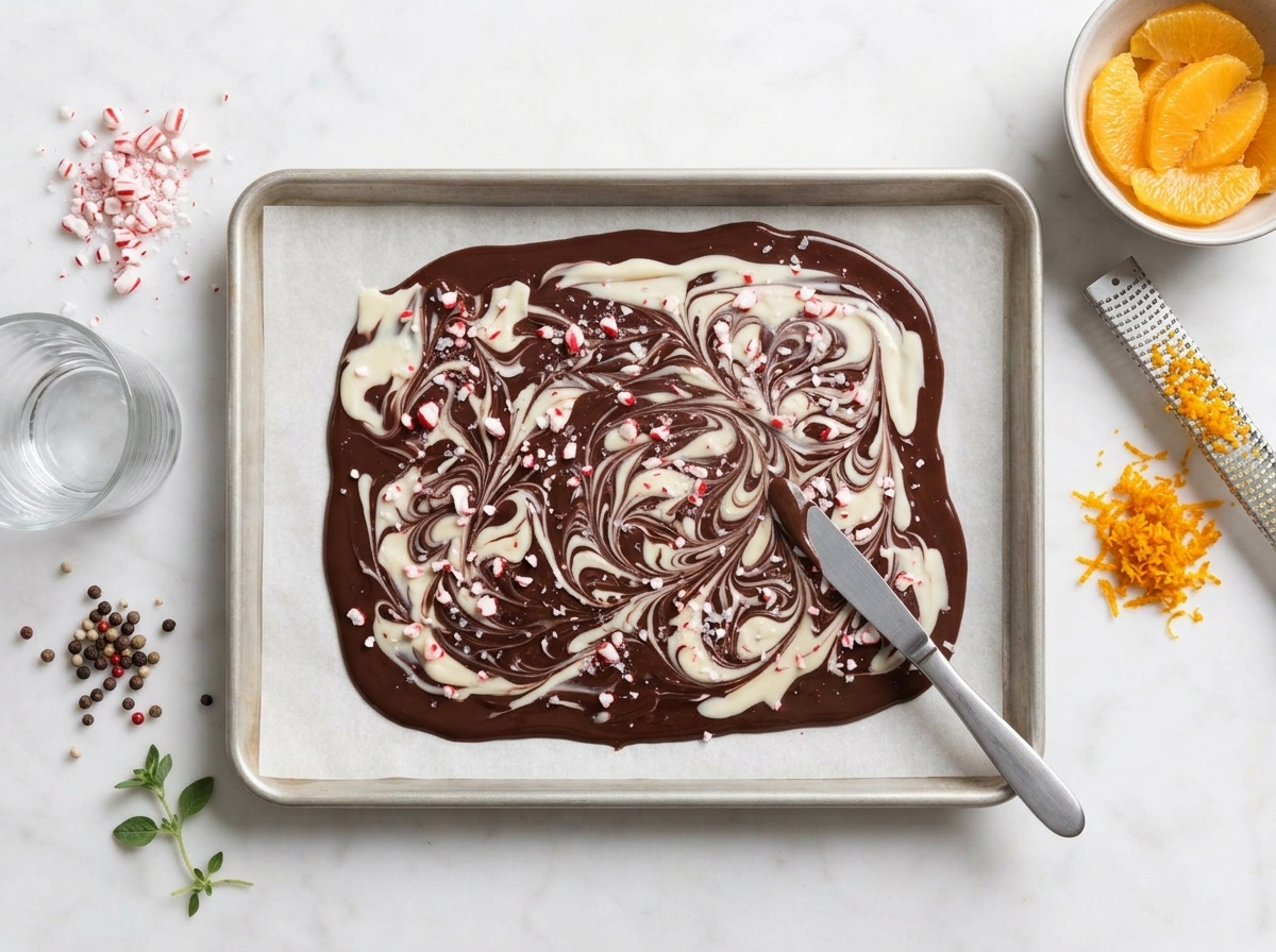 A knife swirls melted dark and white chocolate on a parchment-lined pan, crushed candy canes scattered nearby