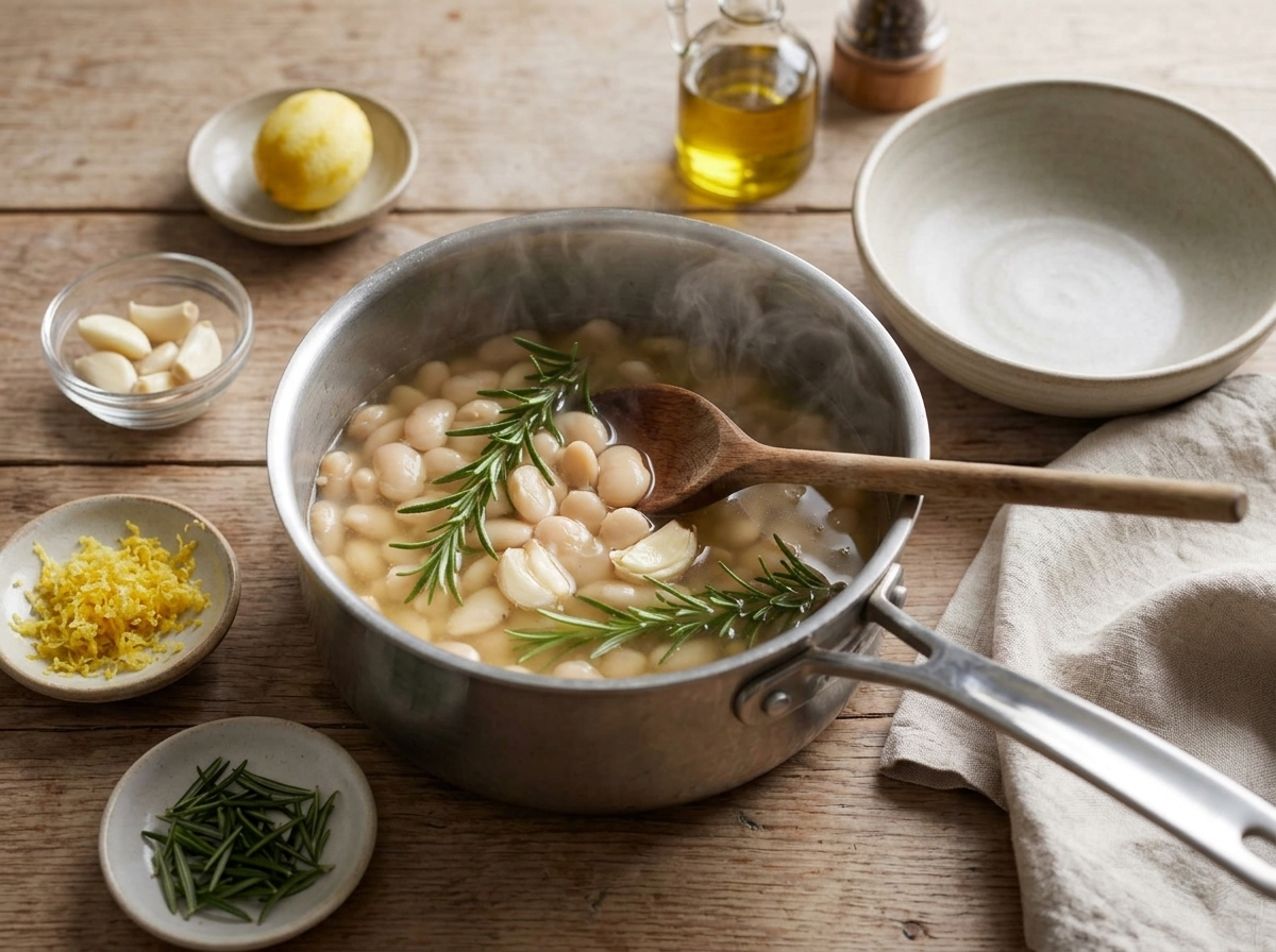 Butter beans and rosemary sprigs simmering in stock in a saucepan while a wooden spoon stirs the softening beans