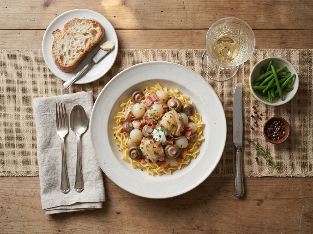 A rustic kitchen table set with a steaming pot of coq au vin blanc, crusty bread, and a glass of white wine nearby.
