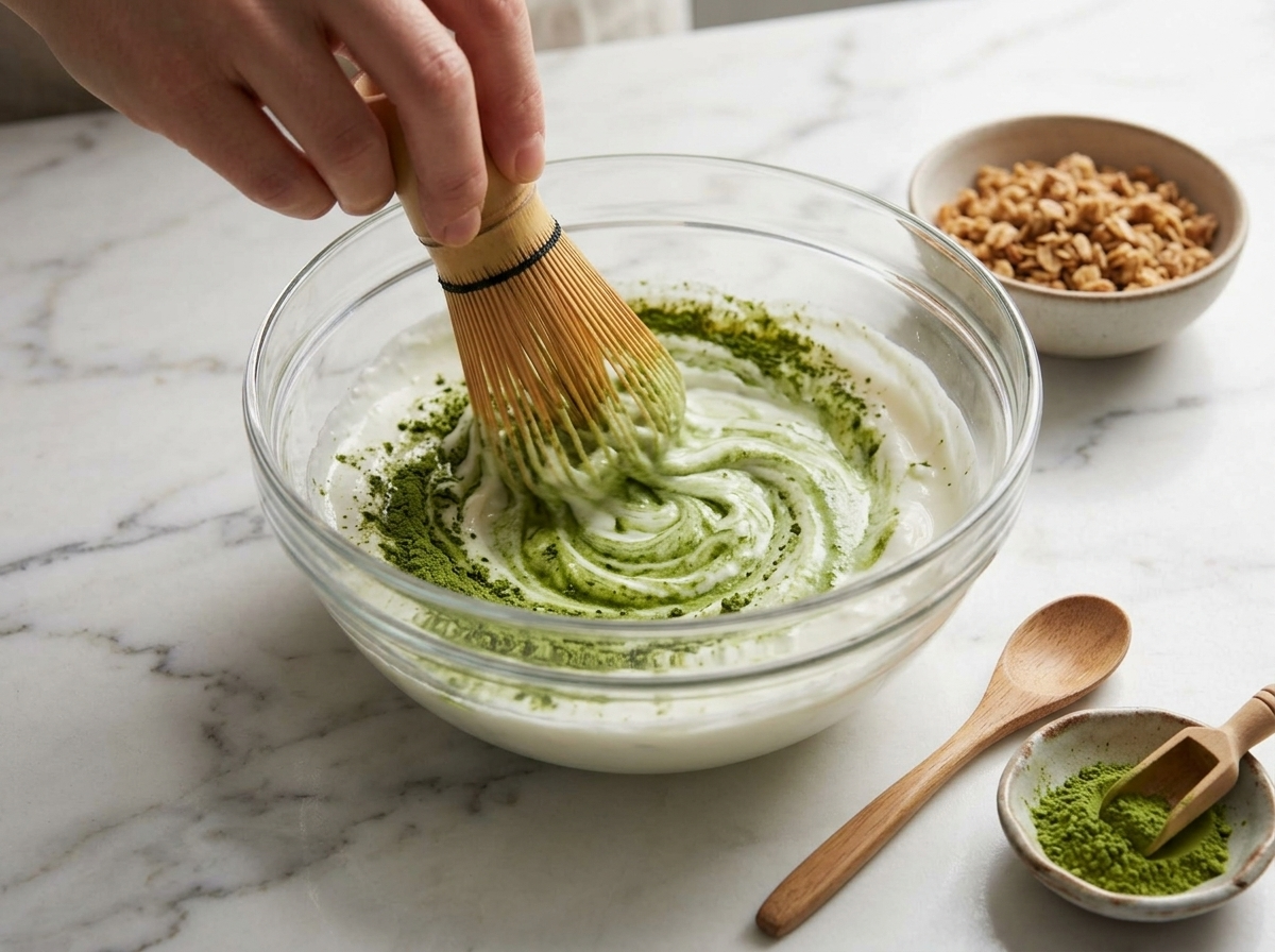 A hand whisks bright green matcha paste into thick coconut yogurt in a glass mixing bowl on a wood counter.