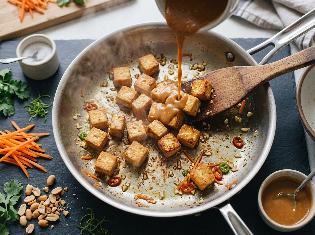 Tofu cubes browning and crisping in a nonstick skillet while peanut sauce is poured over the sizzling edges