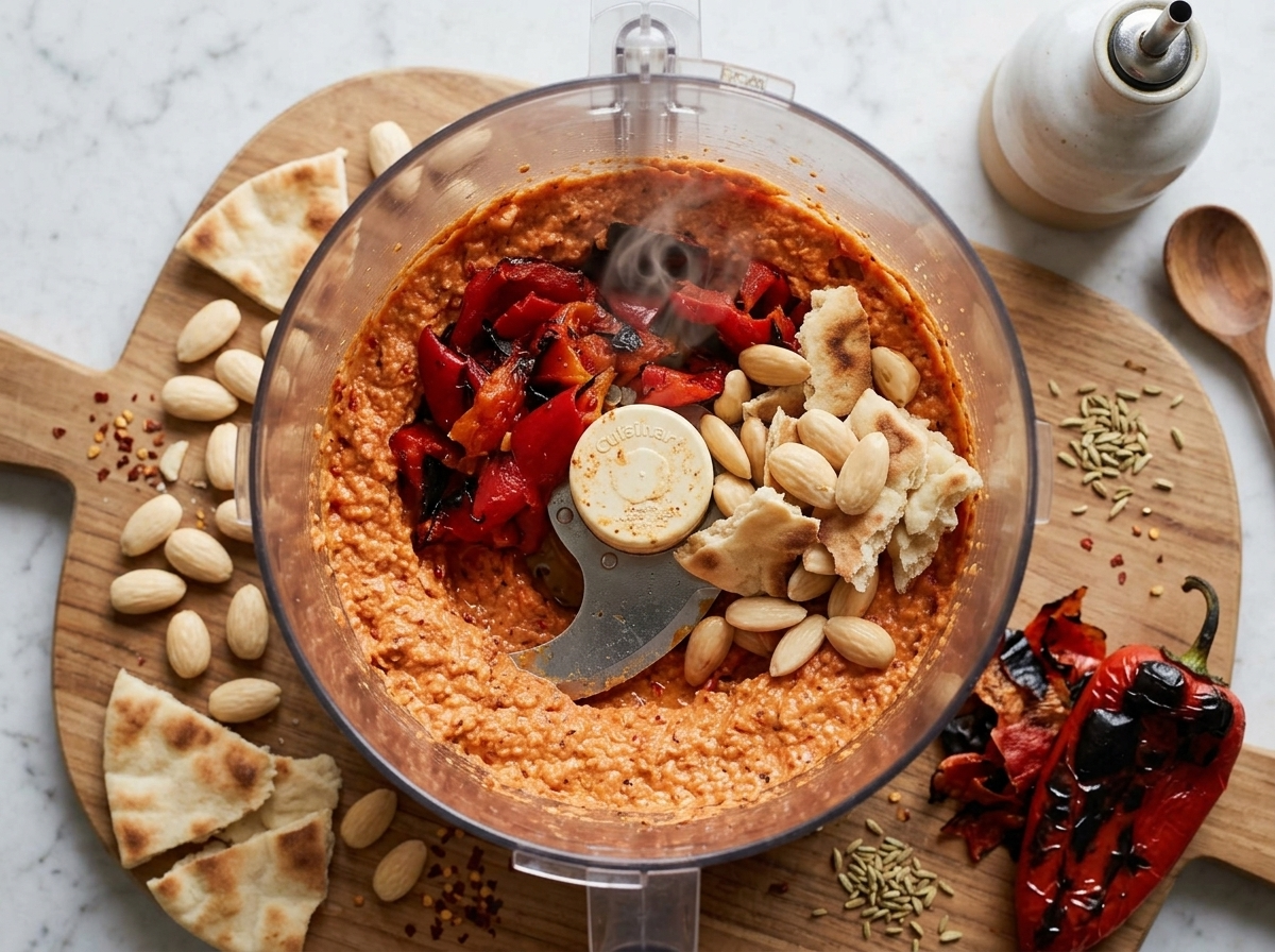 Food processor mid-pulse with charred peppers, toasted almonds, and bread chunks blending into a coarse paste.