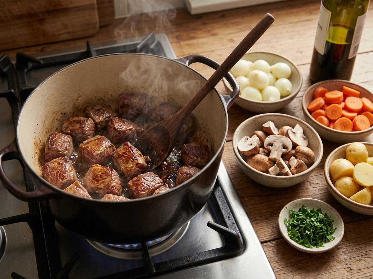 Beef chunks browning in a Dutch oven with bacon fat, wooden spoon scraping the pan, deep golden crust forming