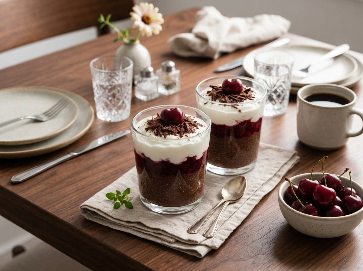 Two chia parfait glasses on a wooden table beside coffee cups and fresh cherries in warm morning light