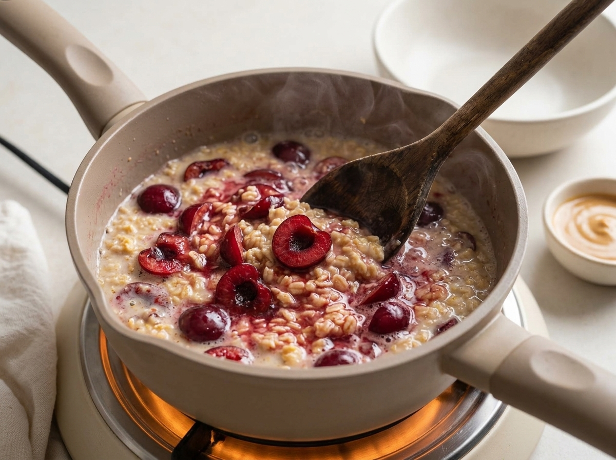 Wooden spoon stirring simmering oats and cherries in a saucepan, steam rising, juices turning the porridge a light pink.