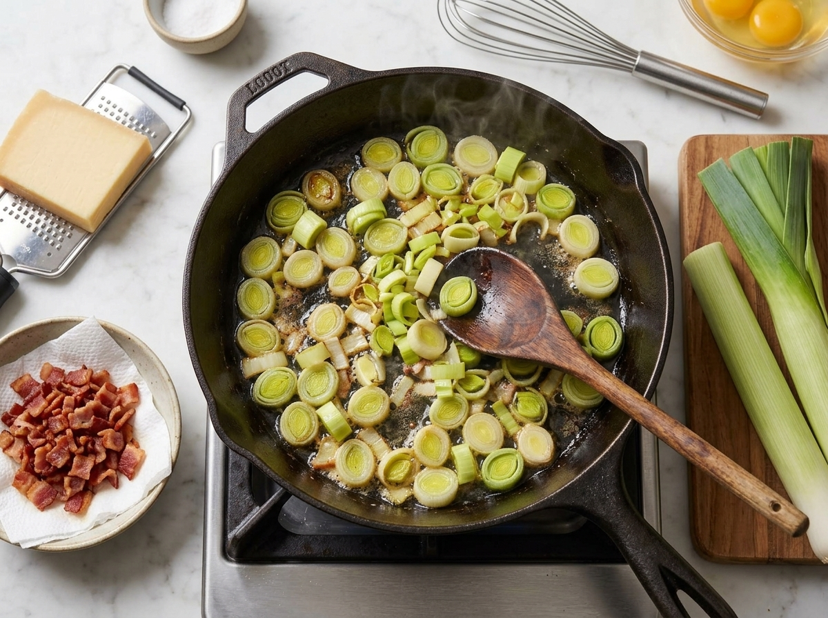 Sliced leeks softening in bacon fat in a skillet, wooden spoon stirring, crisp bacon bits draining nearby