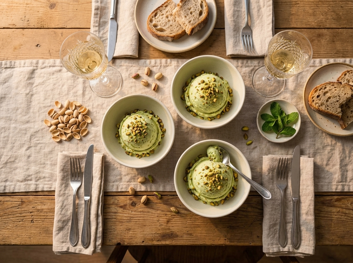 Two bowls of pistachio ice cream on a rustic table with scattered pistachio shells and a linen napkin
