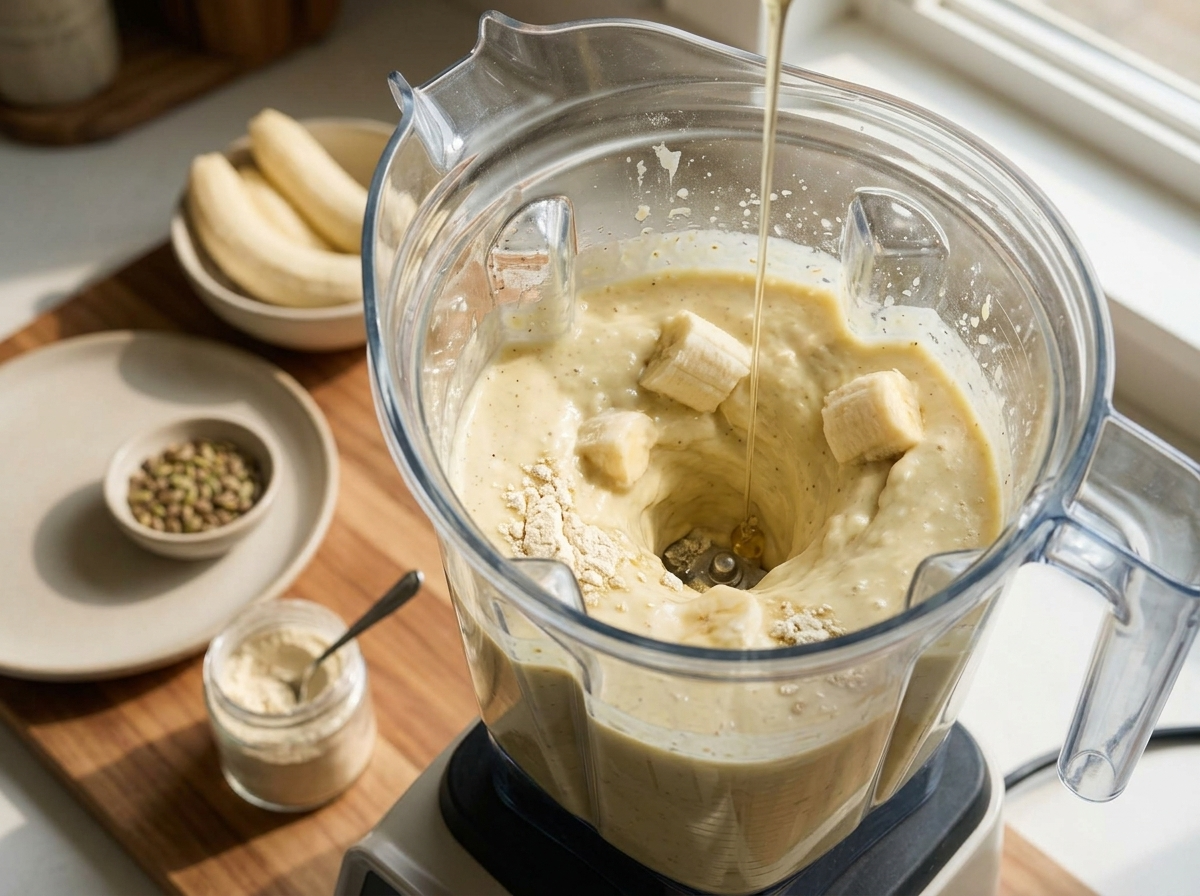 Blender mid-blend showing thick banana and sacha inchi powder smoothie swirling against the glass jar