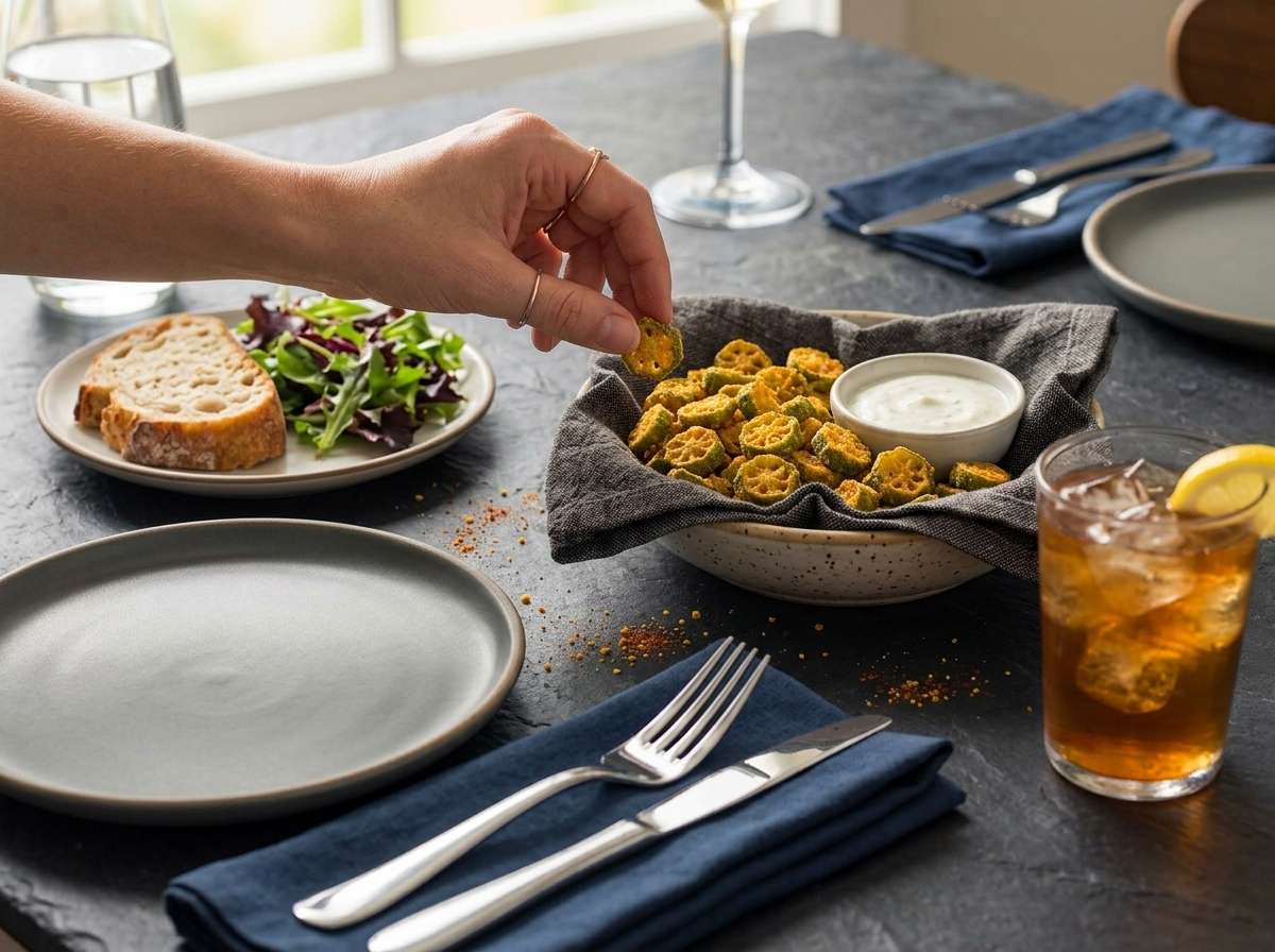 A hand reaching for a crispy chip from a linen-lined bowl on a wood table, glass of iced tea nearby
