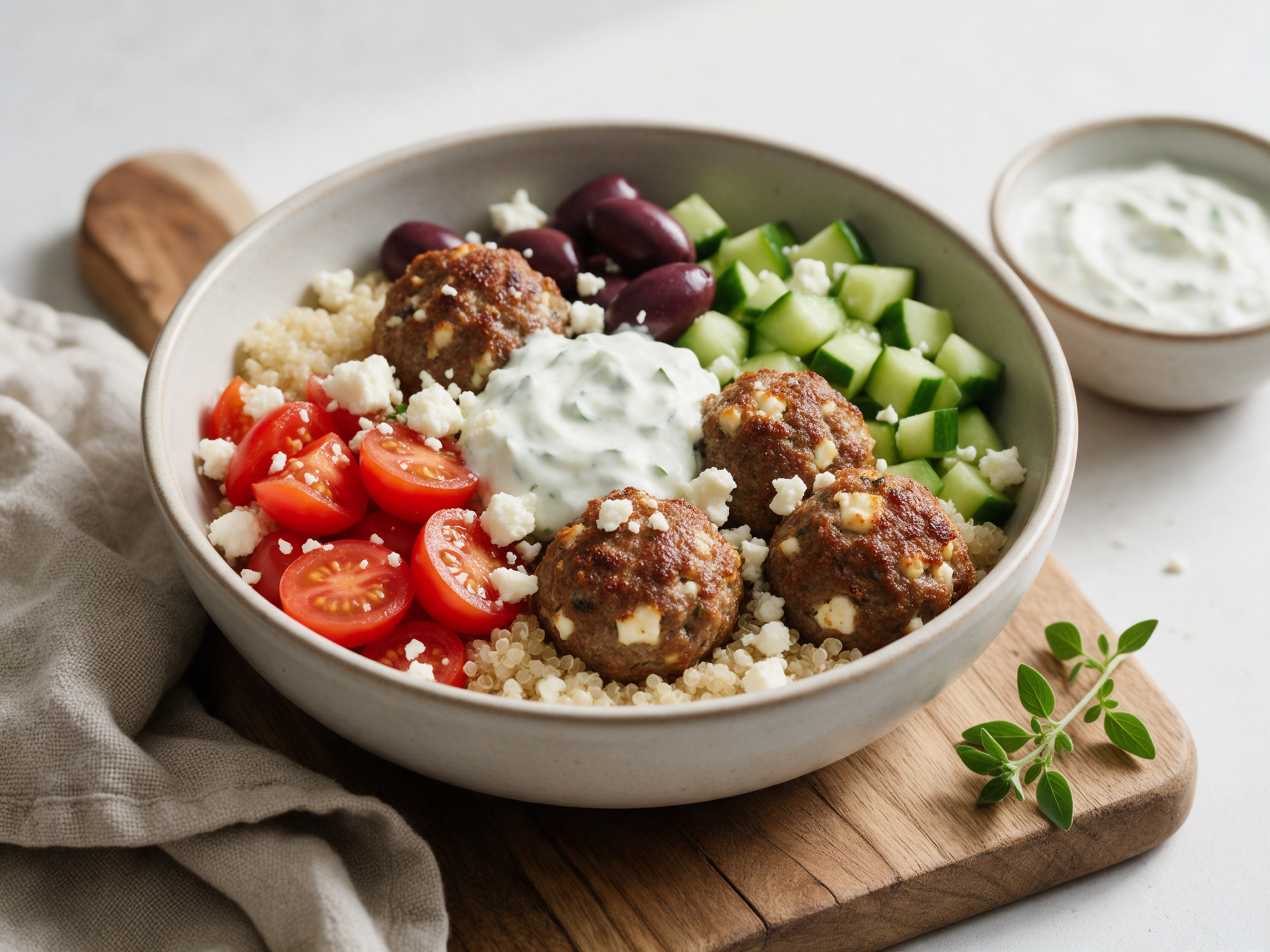 Baked Greek Lamb Meatball Bowls with Tzatziki