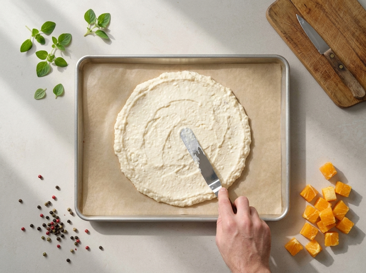 Cook spreading smooth cottage cheese batter across a parchment-lined sheet pan with an offset spatula before baking