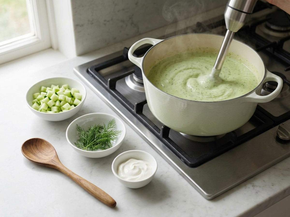 Immersion blender pureeing warm leek, potato and cucumber soup in a Dutch oven until silky smooth