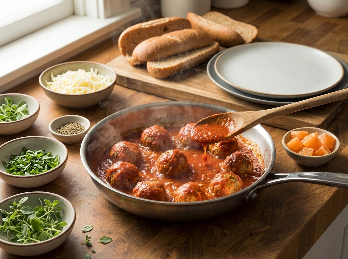 Turkey meatballs simmering in a skillet of marinara sauce, a wooden spoon spooning sauce over them as steam rises.