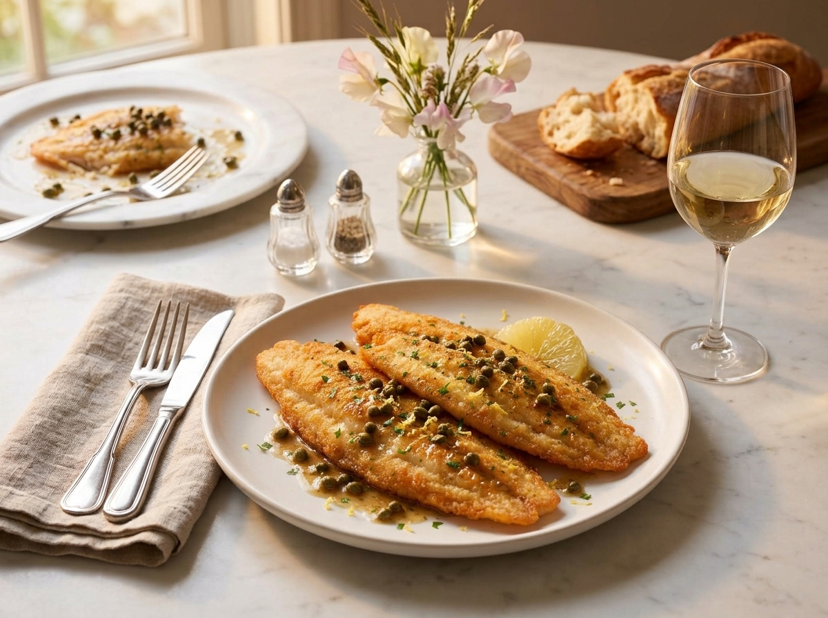 Dinner table with plated sole meuniere, a glass of white wine, crusty bread, and a linen napkin in warm afternoon light