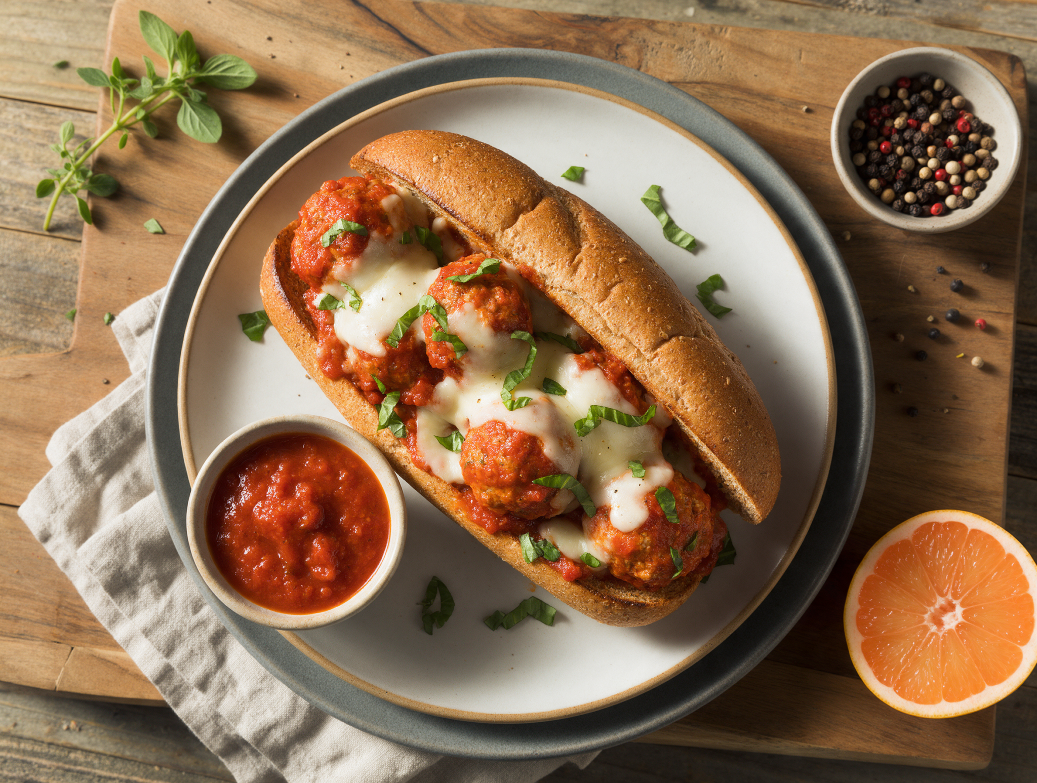 Toasted hoagie roll piled with saucy turkey meatballs and melted mozzarella, basil scattered on a wooden board.