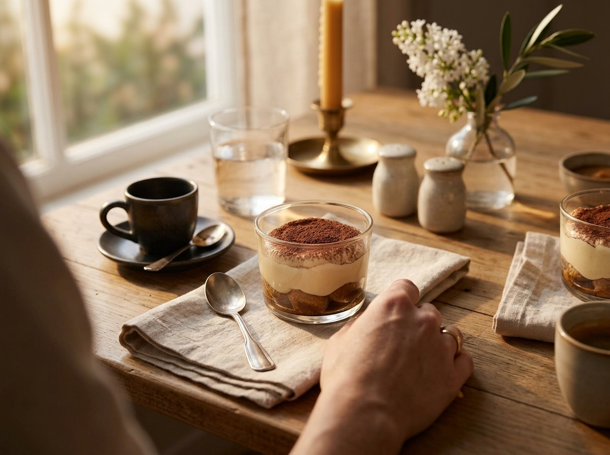 Two tiramisu cups on a linen napkin beside a small espresso cup, morning light spread across a wooden table.