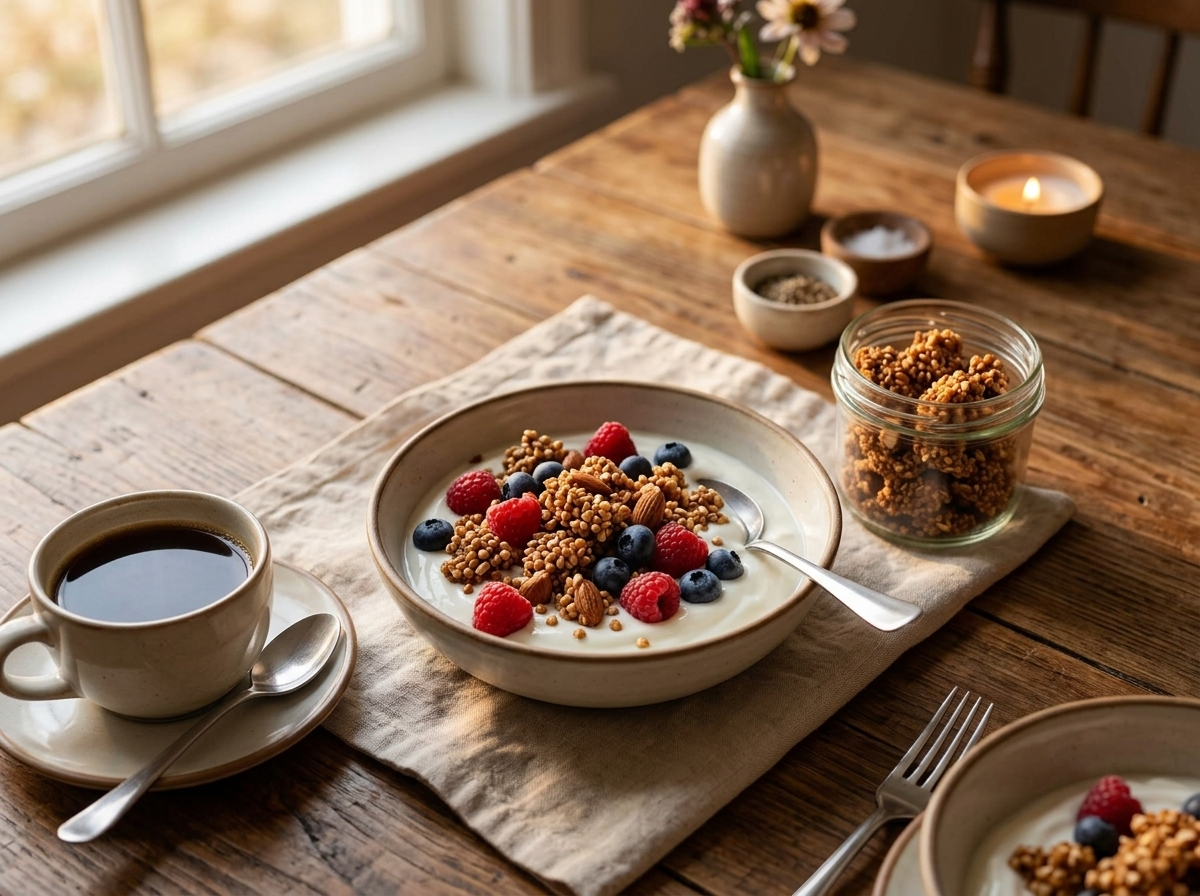 A woman spooning buckwheat granola clusters over a bowl of yogurt and berries at a sunlit breakfast table.