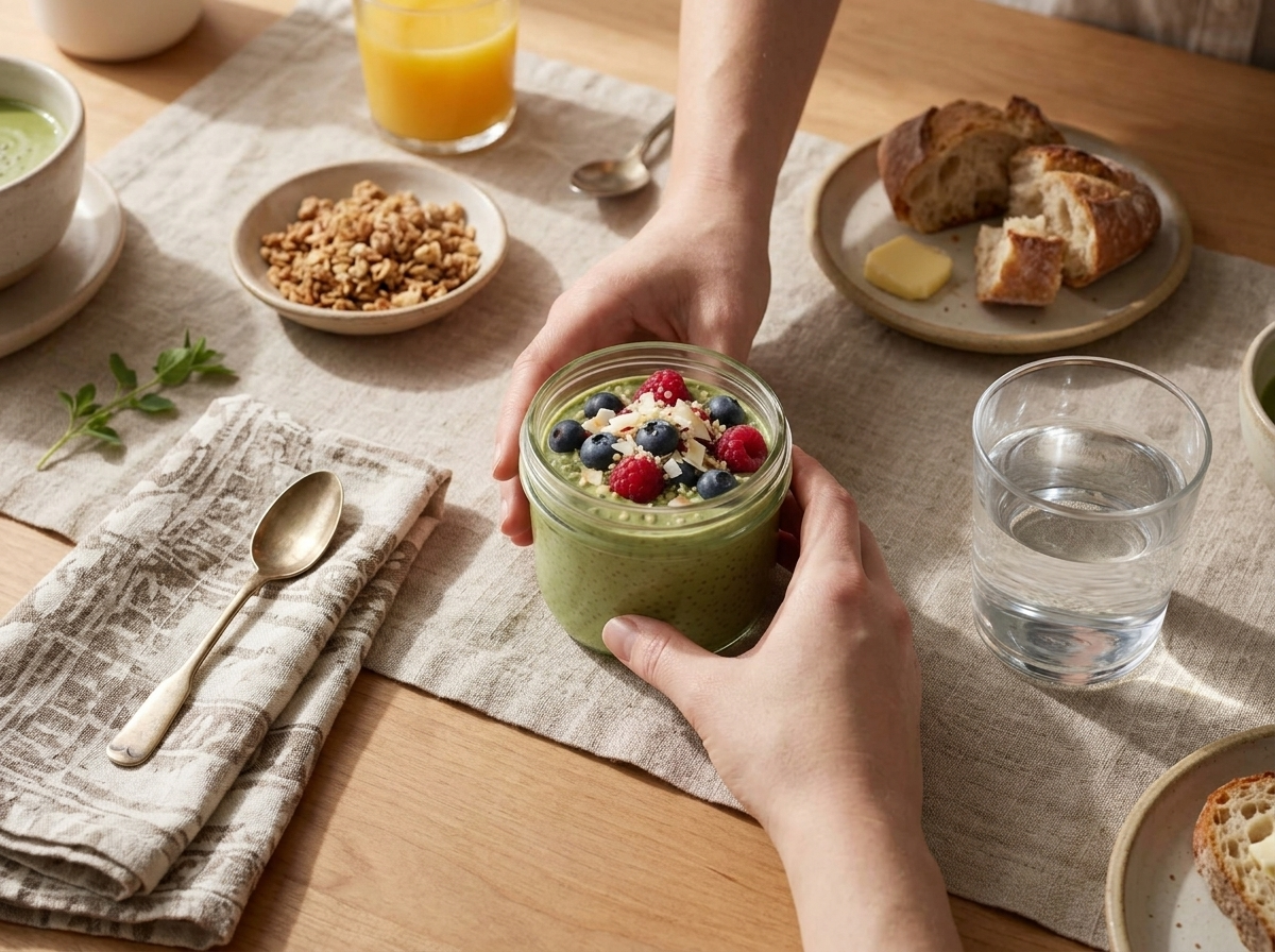 Hands holding a jar of matcha chia pudding at a breakfast table with a linen napkin and morning light.
