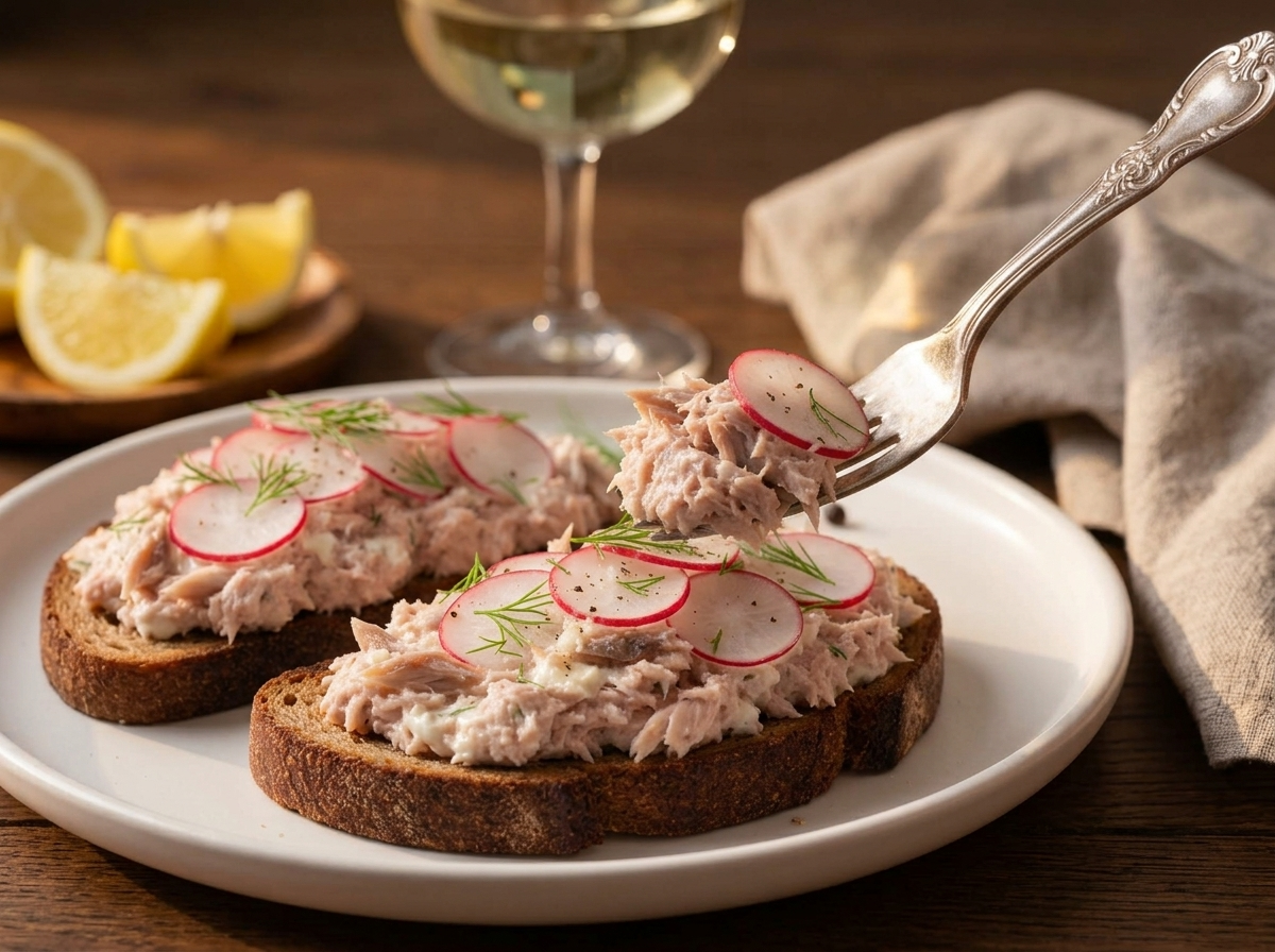 Hand lifting a mackerel pâté toast from a linen napkin beside a glass of white wine and lemon wedges