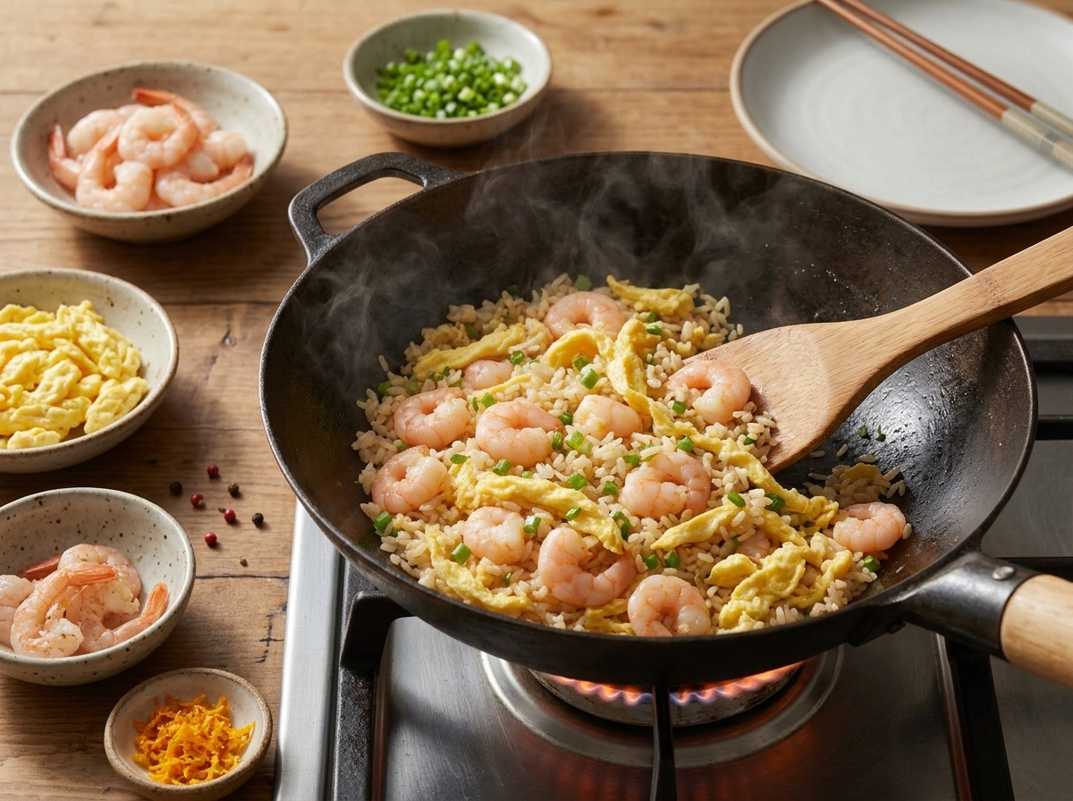 Wok tossing golden rice with scrambled egg curds and seared pink prawns, steam rising over high heat.