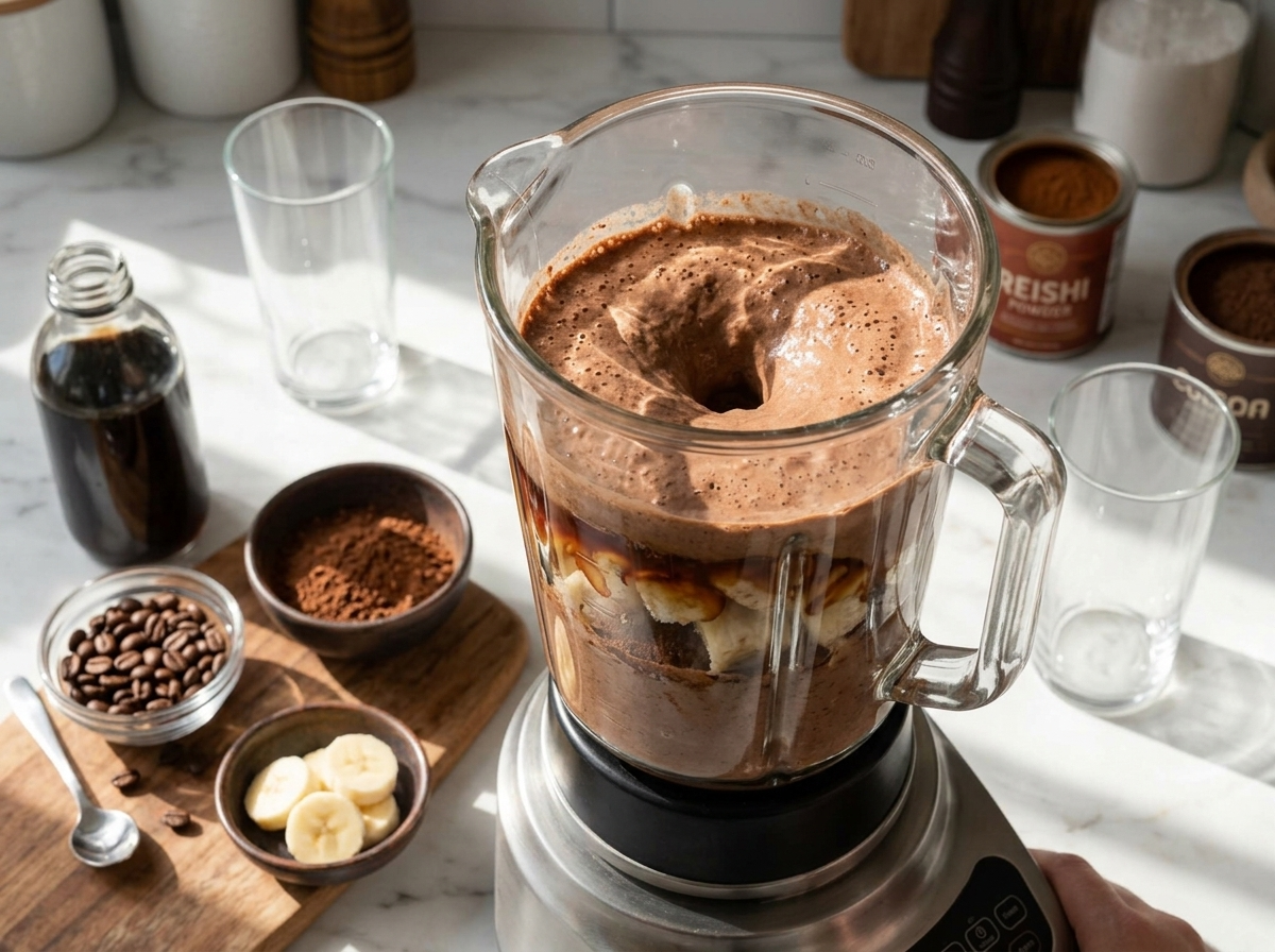 Blender jar mid-blend with cold brew coffee, frozen banana chunks, and cocoa powder swirling into a dark froth.