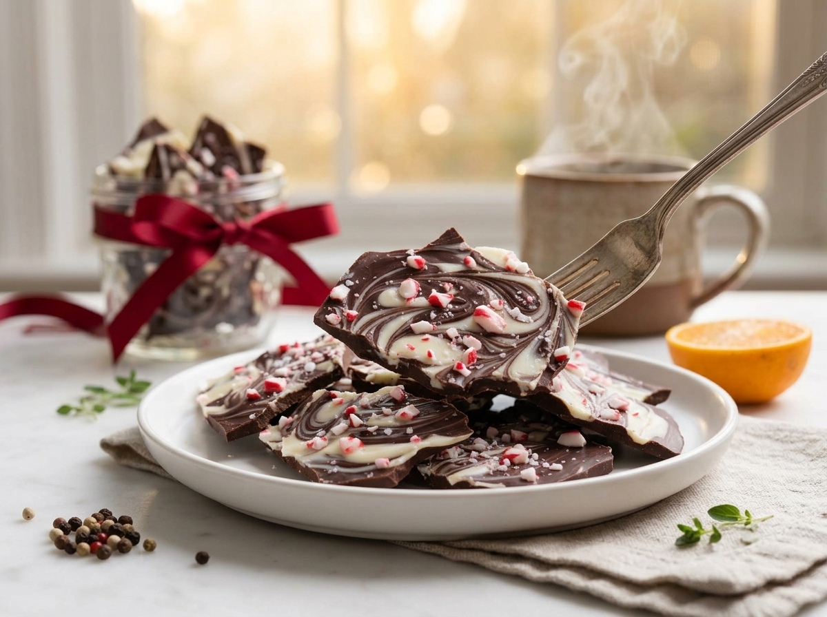 A ribboned mason jar of peppermint bark sits on a linen napkin beside a steaming mug of coffee