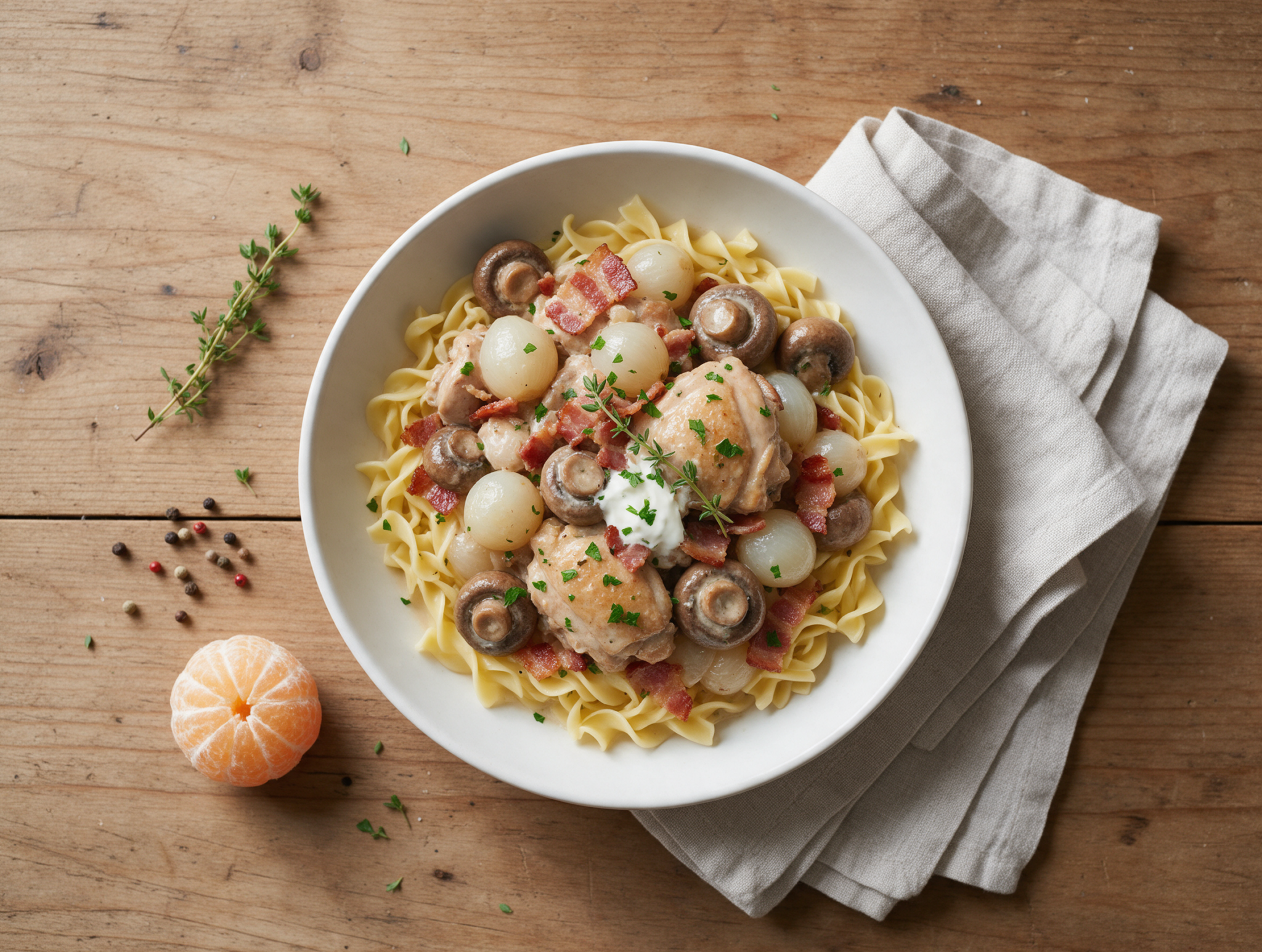Braised chicken thighs in a pale wine sauce with mushrooms and pearl onions, served in a shallow bowl over egg noodles.