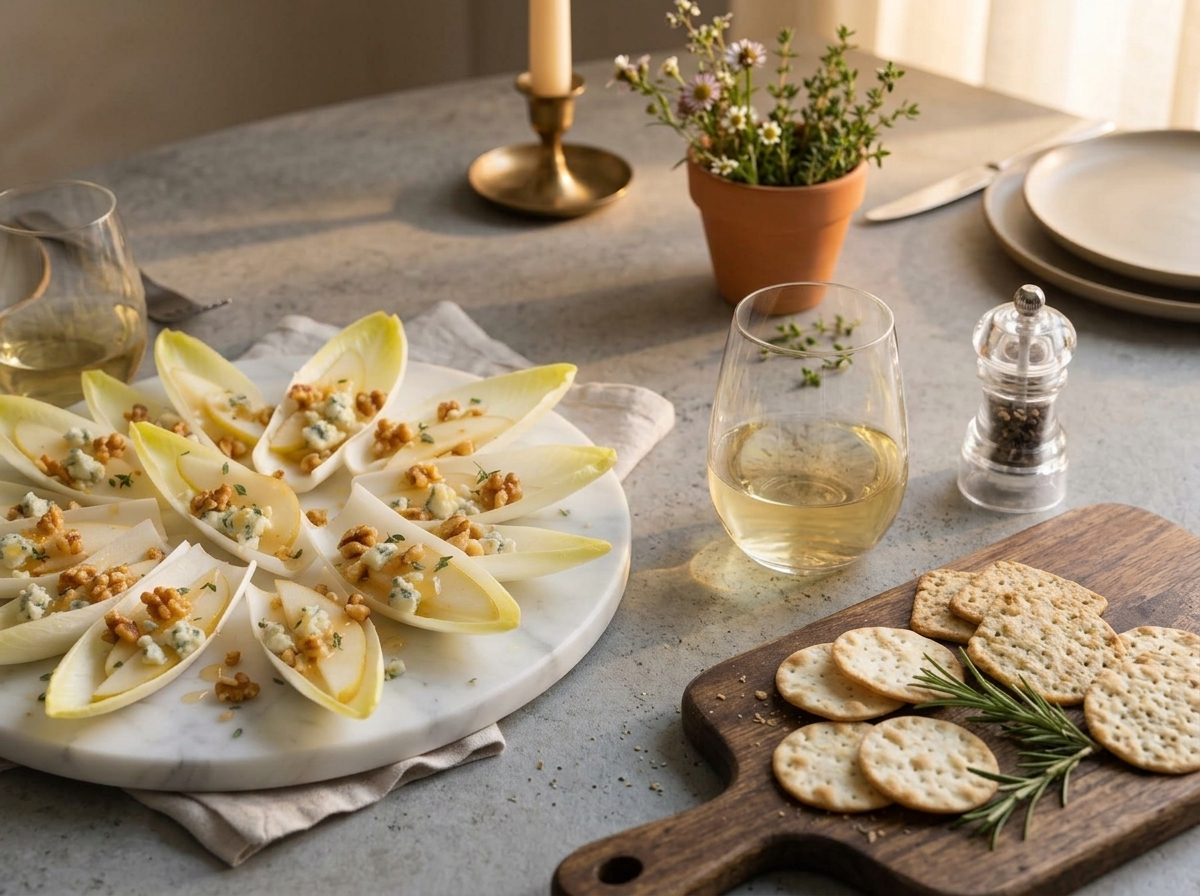 Small dinner table with a platter of endive boats, two wine glasses and a linen napkin under warm evening light