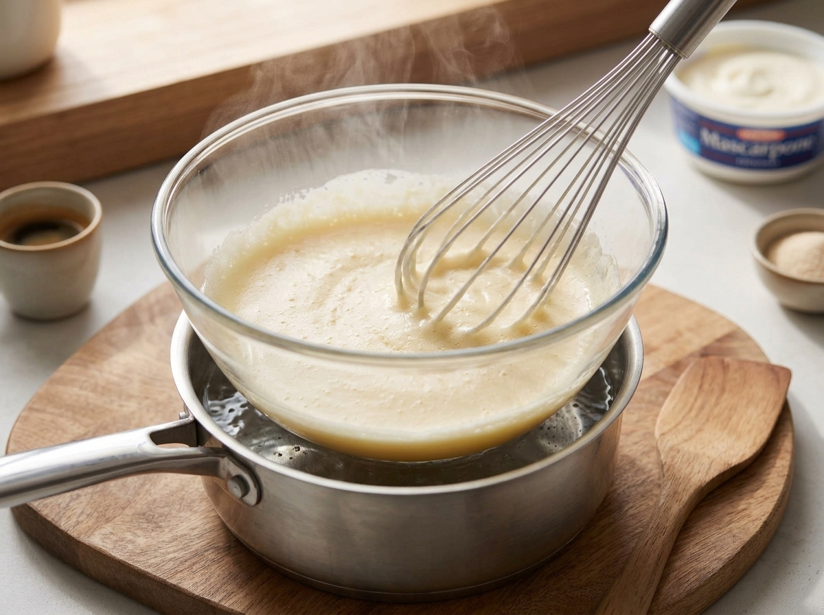 Whisking pale egg yolks and sweetener over a double boiler until thickened, steam rising from the saucepan below.