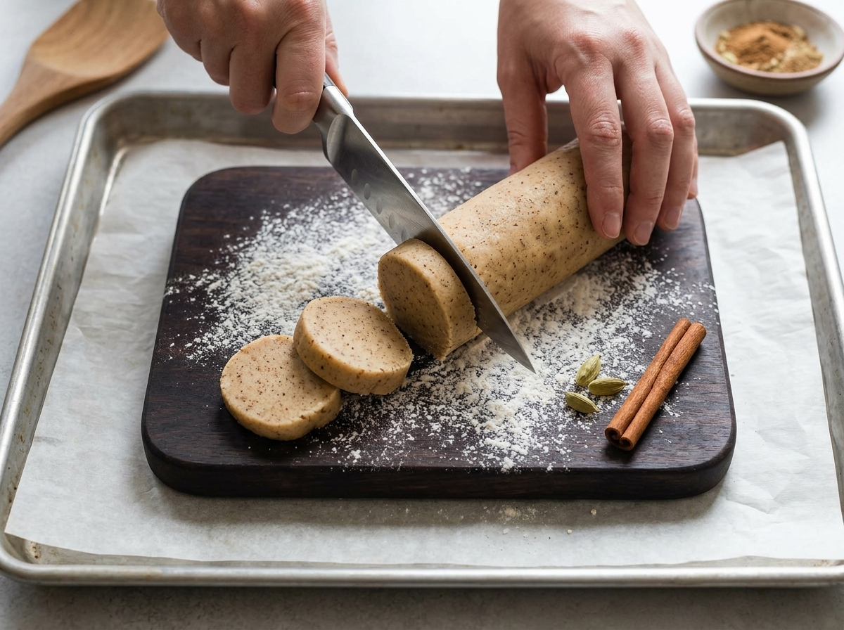 Hands slicing a chilled shortbread dough log into rounds on a floured wooden board, cinnamon spice flecks visible in the dough.