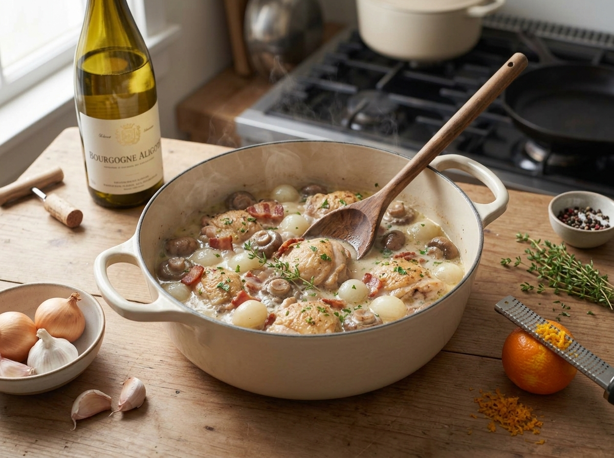 Chicken thighs searing golden in a Dutch oven, bacon and mushrooms browning alongside for the coq au vin blanc base.