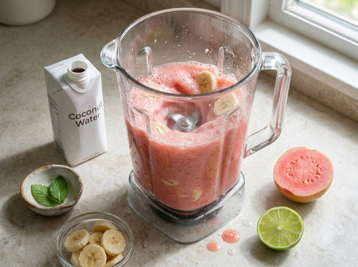 Guava puree and coconut water blending together in a glass jar, swirling into a bright pink froth mid-blend.