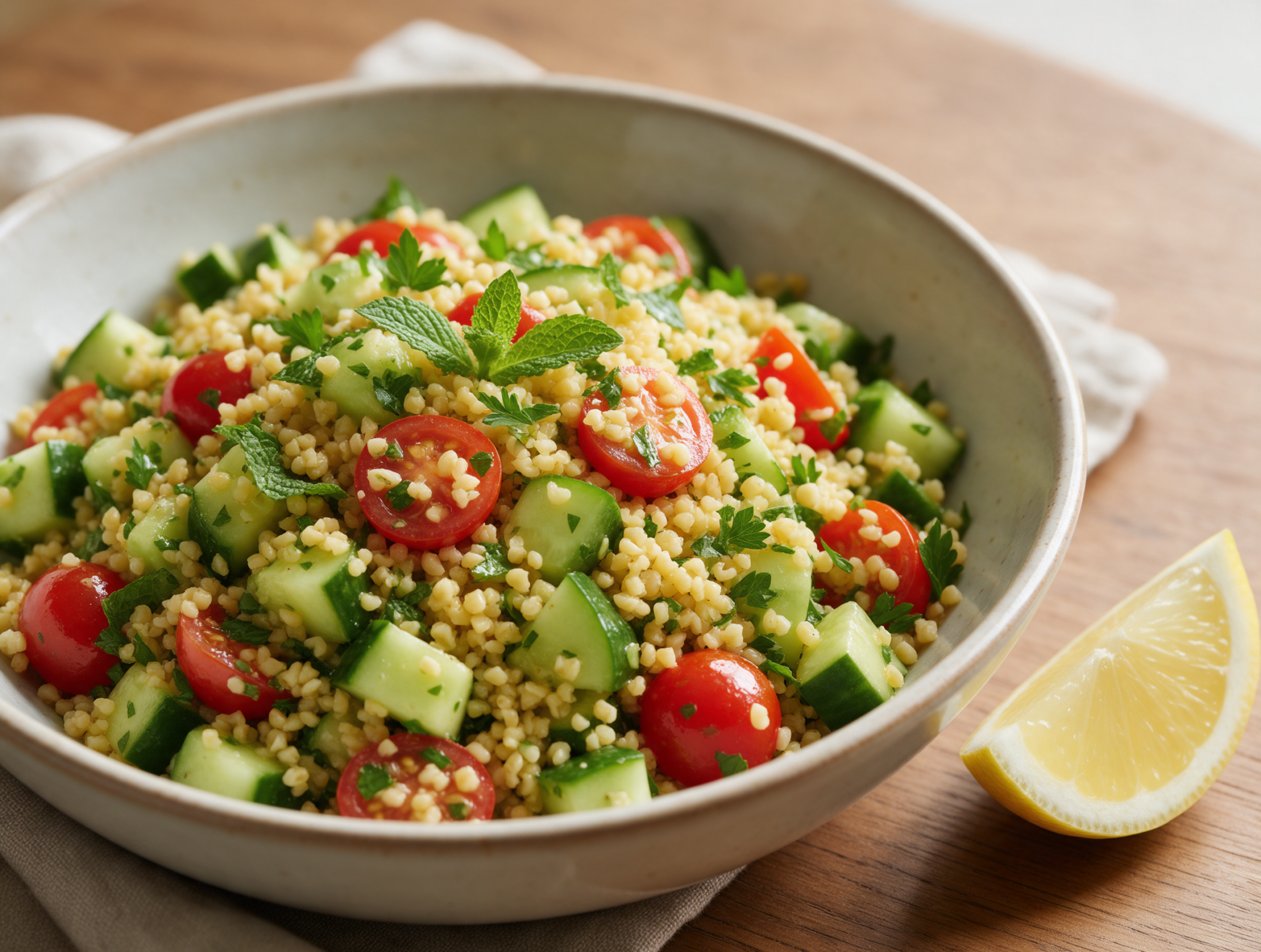 Chilled Bulgur Salad Bowl with Fresh Mint and Cucumber
