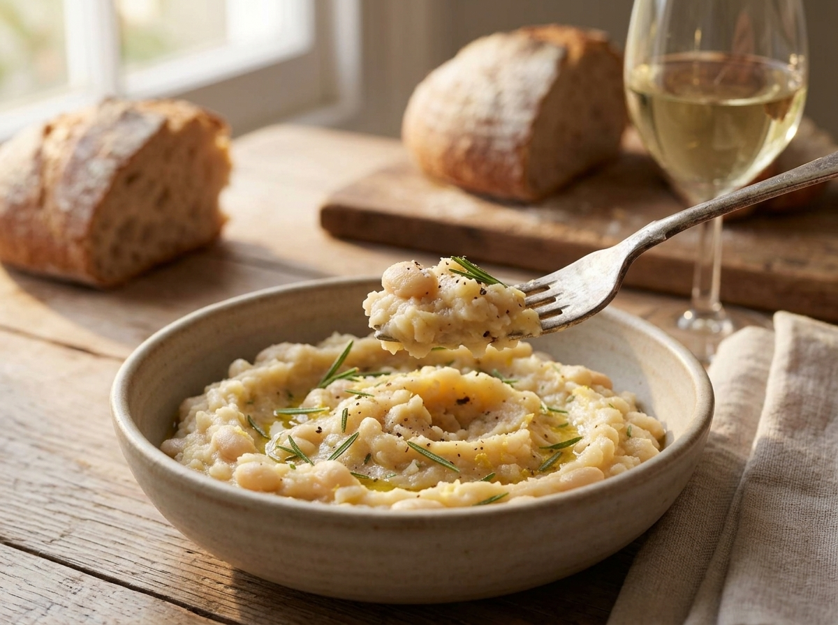 Wooden table set with a bowl of butter bean mash, sliced crusty bread, and a glass of wine in warm afternoon light
