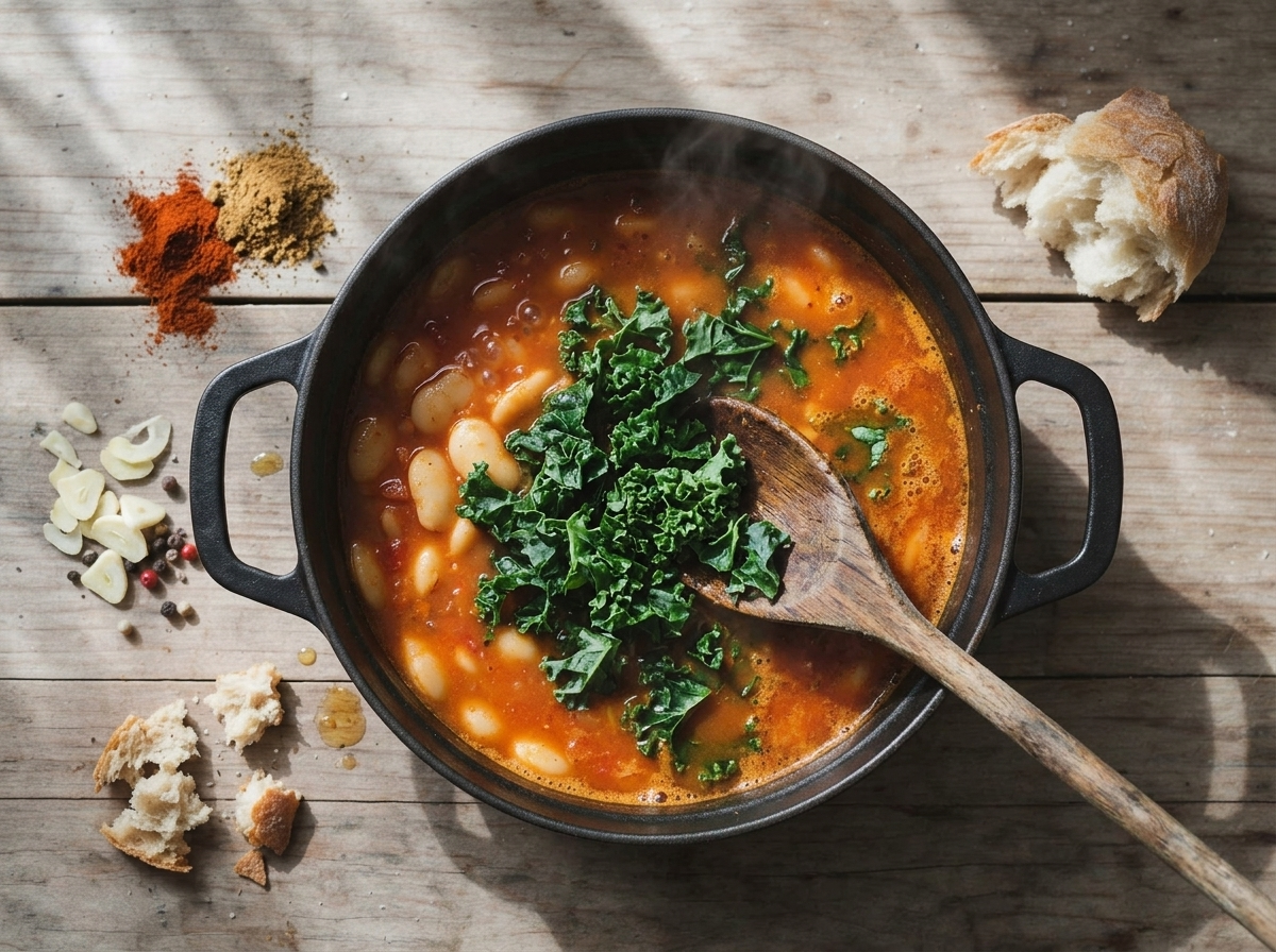 Wooden spoon stirring chopped kale into simmering butter bean stew in a Dutch oven with steam rising