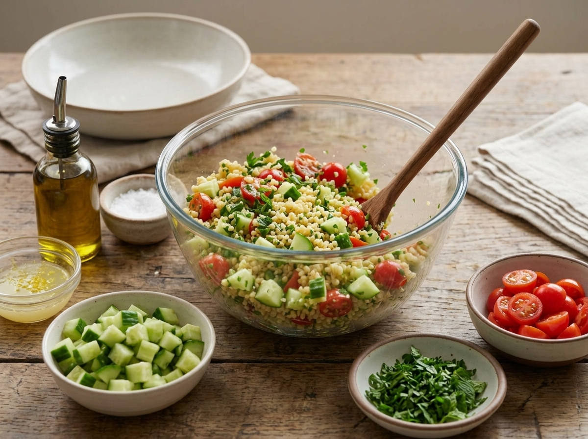 Hands tossing soaked bulgur with diced cucumber and chopped mint in a glass mixing bowl on a wood counter.
