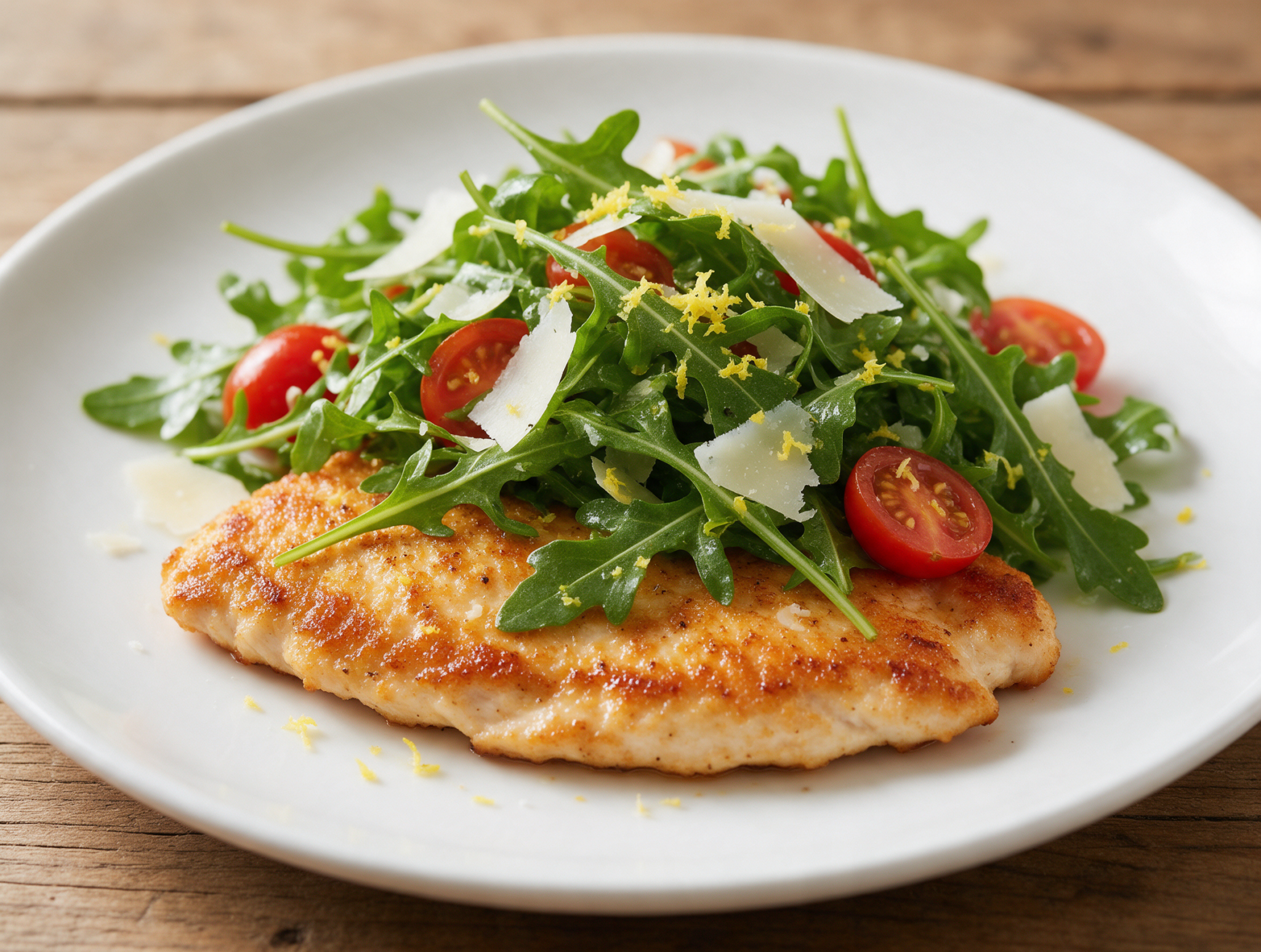 Golden pan-seared chicken paillard topped with arugula, cherry tomatoes, and shaved parmesan on a white plate